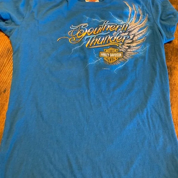 Harley-Davidson Southern Thunder Glittery Bling Graphic Blue Tee- Size Large - Picture 3 of 5
